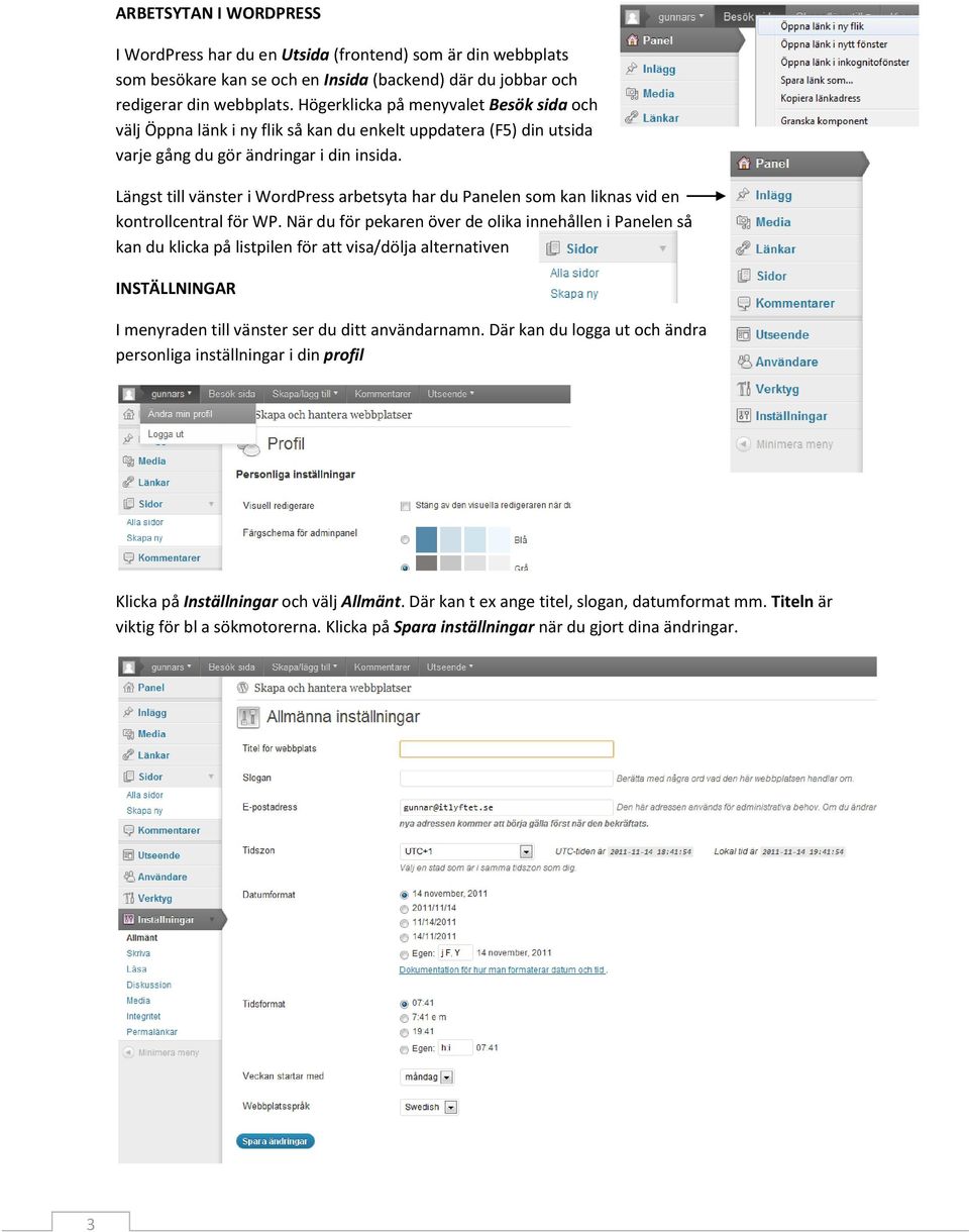 Längst till vänster i WordPress arbetsyta har du Panelen som kan liknas vid en kontrollcentral för WP.