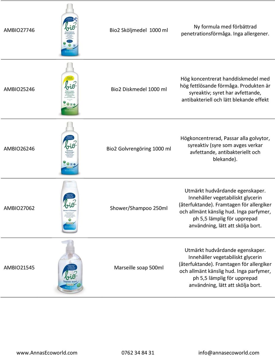 avfettande, antibakteriellt och blekande). AMBIO27062 Shower/Shampoo 250ml Utmärkt hudvårdande egenskaper. Innehåller vegetabiliskt glycerin (återfuktande).