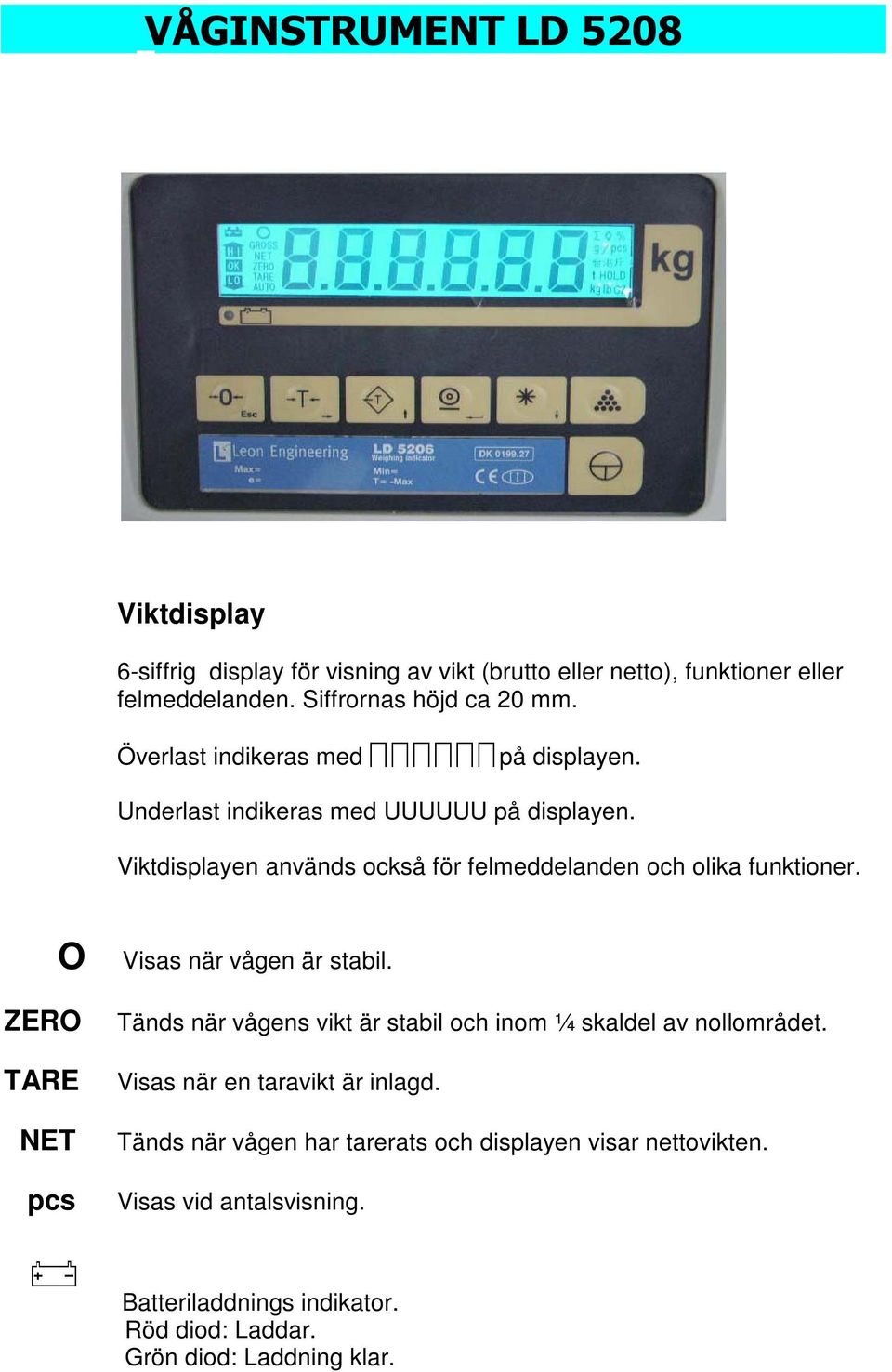 O Visas när vågen är stabil. ZERO TARE NET pcs Tänds när vågens vikt är stabil och inom ¼ skaldel av nollområdet. Visas när en taravikt är inlagd.