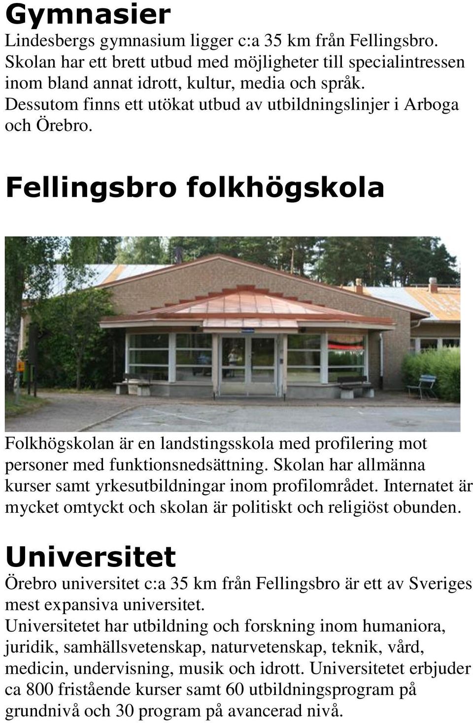 Skolan har allmänna kurser samt yrkesutbildningar inom profilområdet. Internatet är mycket omtyckt och skolan är politiskt och religiöst obunden.