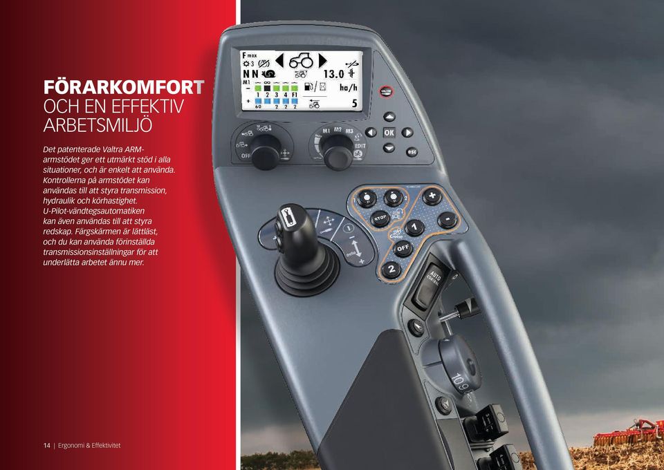 Kontrollerna på armstödet kan användas till att styra transmission, hydraulik och körhastighet.