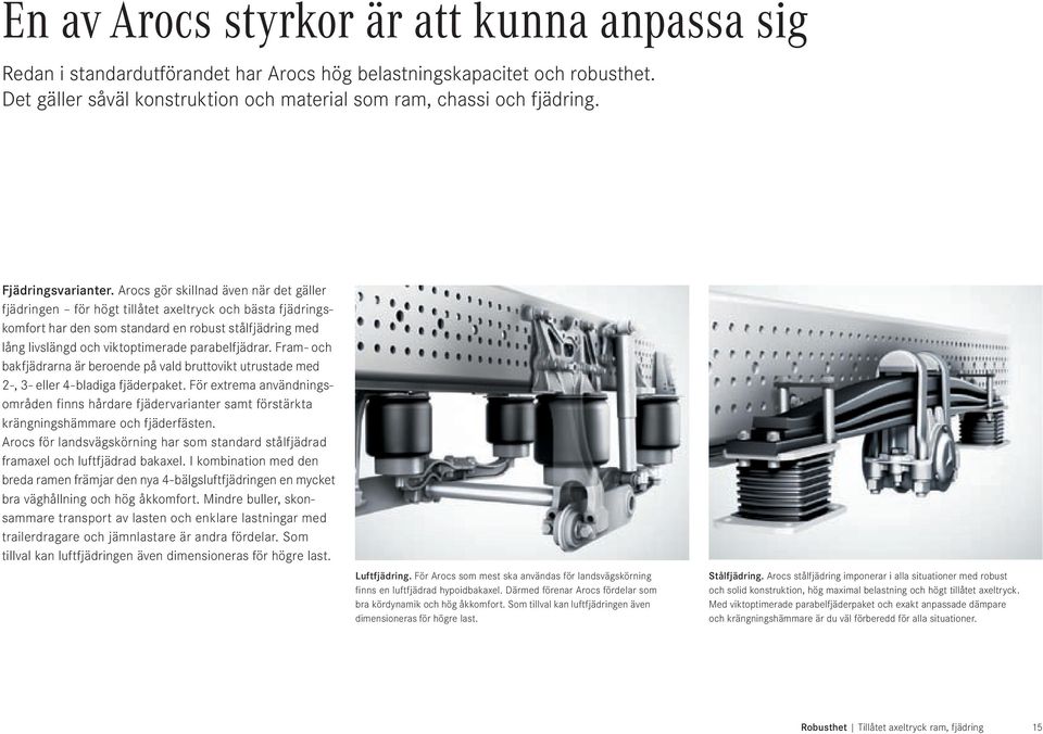 Arocs gör skillnad även när det gäller fjädringen för högt tillåtet axeltryck och bästa fjädringskomfort har den som standard en robust stålfjädring med lång livslängd och viktoptimerade