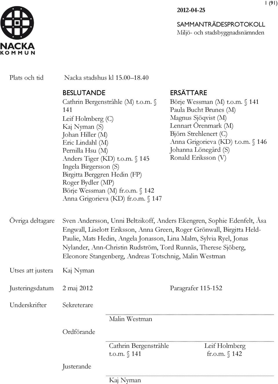 o.m. 142 Anna Grigorieva (KD) fr.o.m. 147 ERSÄTTARE Börje Wessman (M) t.o.m. 141 Paula Bucht Brunes (M) Magnus Sjöqvist (M) Lennart Örenmark (M) Björn Strehlenert (C) Anna Grigorieva (KD) t.o.m. 146