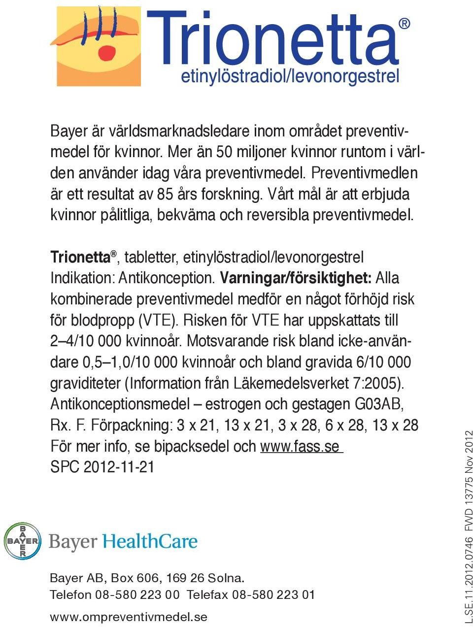 Trionetta, tabletter, etinylöstradiol/levonorgestrel Indikation: Antikonception. Varningar/försiktighet: Alla kombinerade preventivmedel medför en något förhöjd risk för blodpropp (VTE).