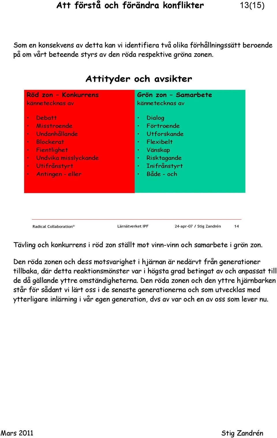 Dialog Förtroende Utforskande Flexibelt Vänskap Risktagande Inifrånstyrt Både - och Radical Collaboration Lärnätverket IPF 24-apr-07 / 14 Tävling och konkurrens i röd zon ställt mot vinn-vinn och