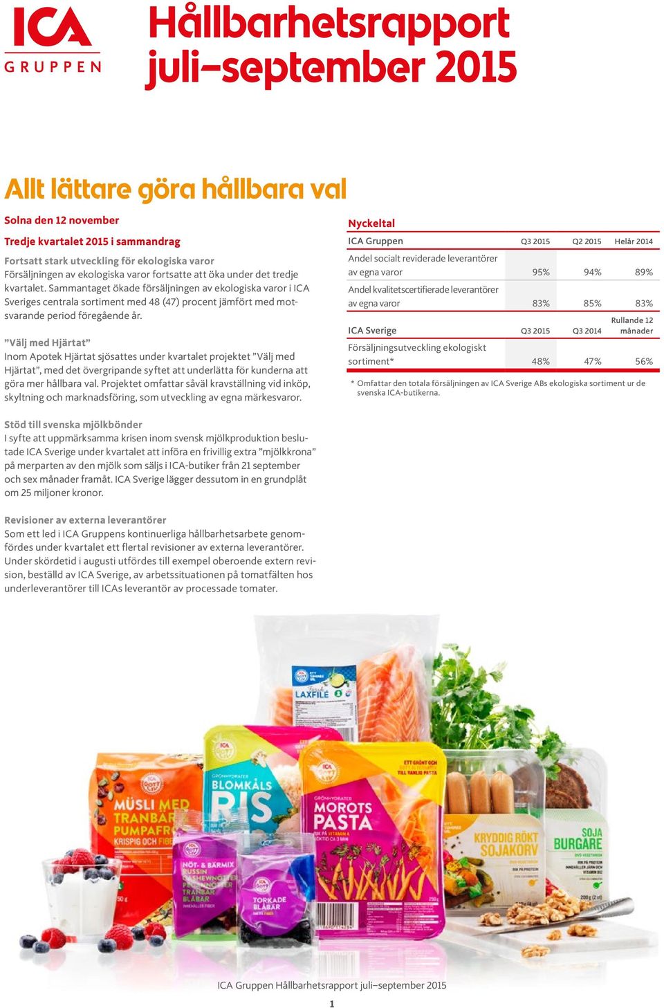Sammantaget ökade försäljningen av ekologiska varor i ICA Sveriges centrala sortiment med 48 (47) procent jämfört med motsvarande period före gående år.