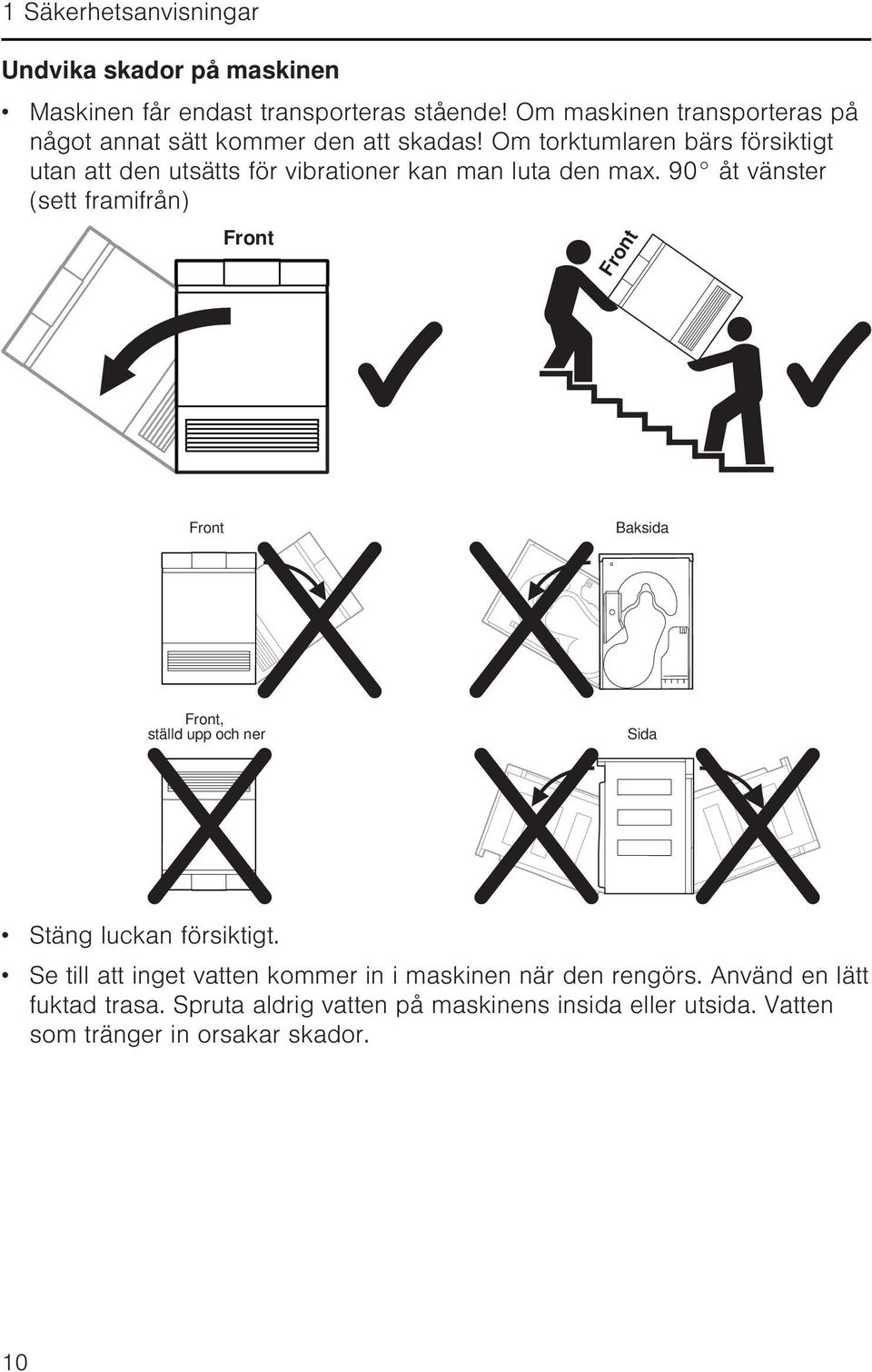 Om torktumlaren bärs försiktigt utan att den utsätts för vibrationer kan man luta den max.