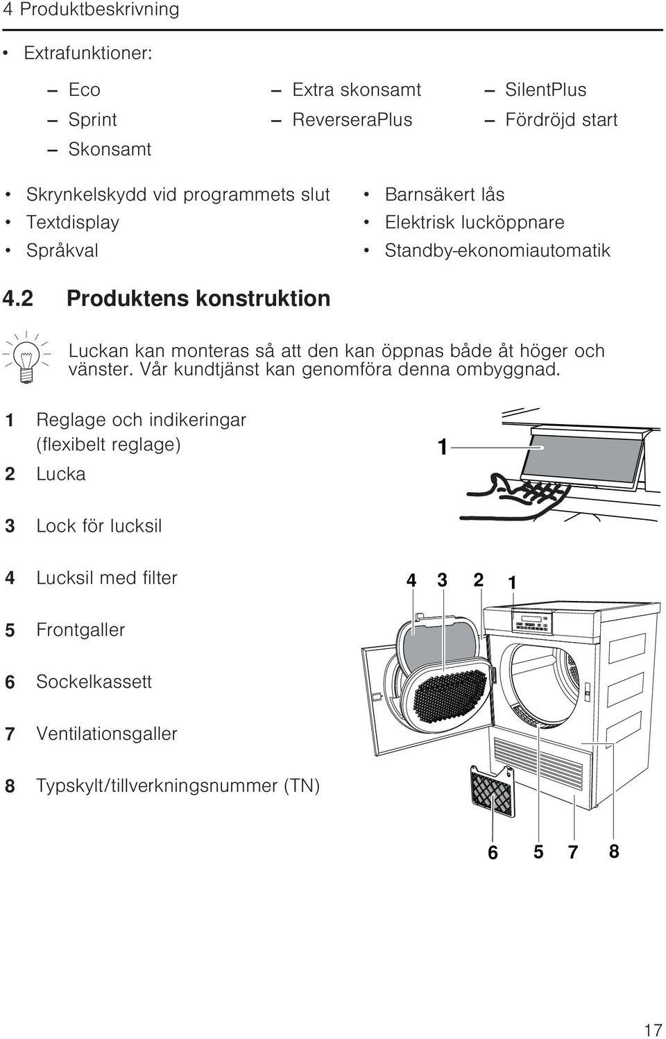 2 Produktens konstruktion Luckan kan monteras så att den kan öppnas både åt höger och vänster. Vår kundtjänst kan genomföra denna ombyggnad.