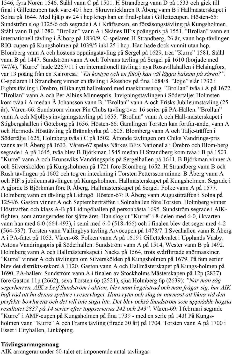 Brollan vann A i Skånes BF:s poängpris på 1551. Brollan vann en internationell tävling i Ålborg på 1830/9.