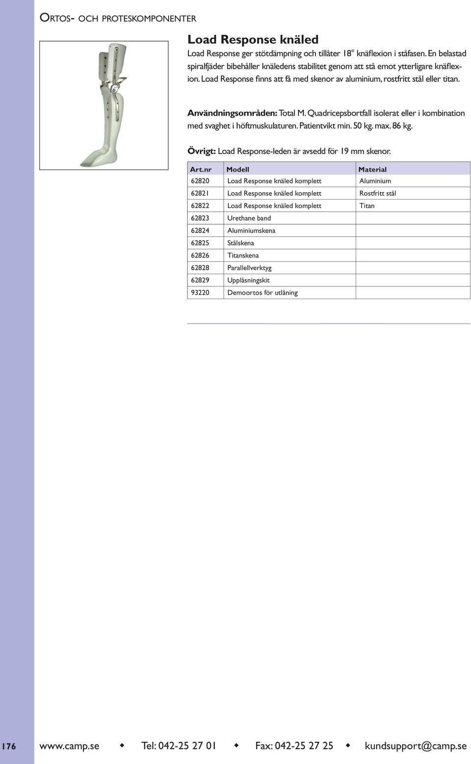 Patientvikt min. 50 kg. max. 86 kg. Övrigt: Load Response-leden är avsedd för 19 mm skenor. Art.