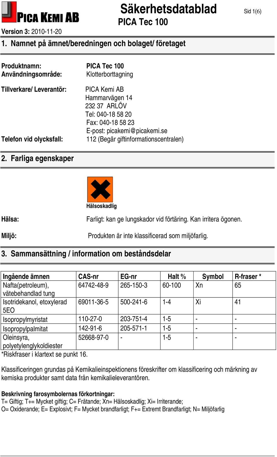 Farliga egenskaper Hälsoskadlig Hälsa: Miljö: Farligt: kan ge lungskador vid förtäring. Kan irritera ögonen. Produkten är inte klassificerad som miljöfarlig. 3.