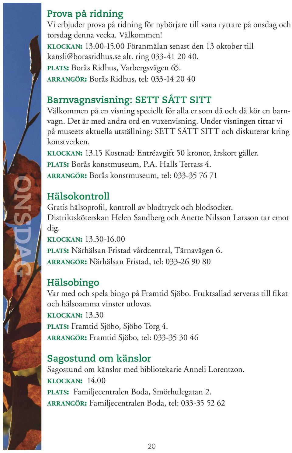 arrangör: Borås Ridhus, tel: 033-14 20 40 ONSDAG Barnvagnsvisning: SETT SÅTT SITT Välkommen på en visning speciellt för alla er som då och då kör en barnvagn. Det är med andra ord en vuxenvisning.