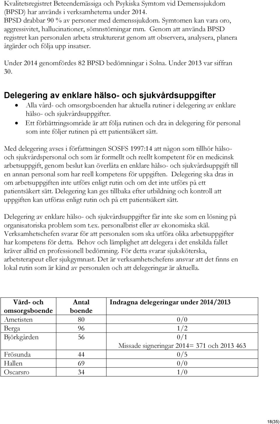Genom att använda BPSD registret kan personalen arbeta strukturerat genom att observera, analysera, planera åtgärder och följa upp insatser. Under 2014 genomfördes 82 BPSD bedömningar i Solna.