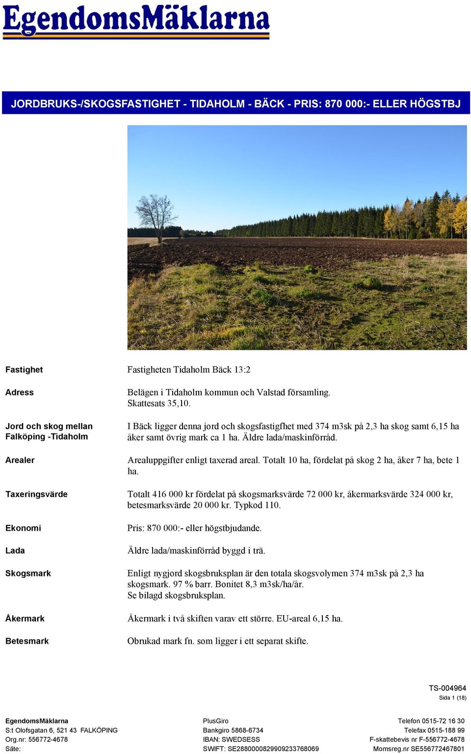 Arealer Arealuppgifter enligt taxerad areal. Totalt 10 ha, fördelat på skog 2 ha, åker 7 ha, bete 1 ha.