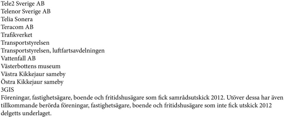 Föreningar, fastighetsägare, boende och fritidshusägare som fick samrådsutskick 2012.