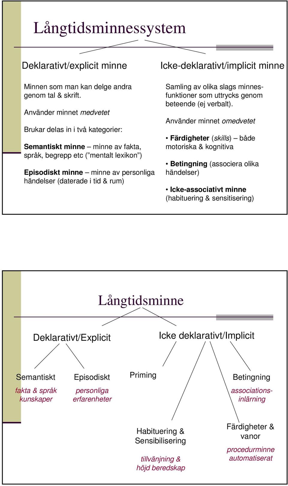 rum) Icke-deklarativt/implicit minne Samling av olika slags minnesfunktioner som uttrycks genom beteende (ej verbalt).