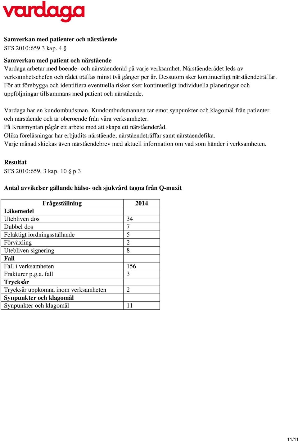 För att förebygga och identifiera eventuella risker sker kontinuerligt individuella planeringar och uppföljningar tillsammans med patient och närstående. Vardaga har en kundombudsman.