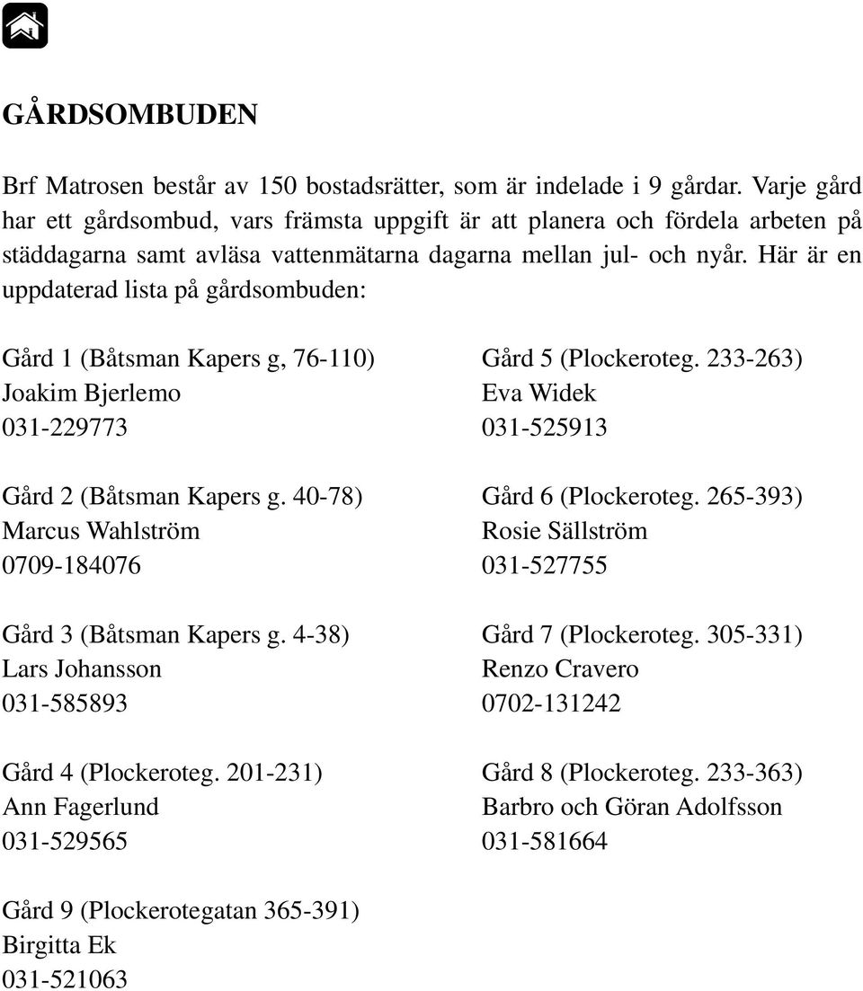 Här är en uppdaterad lista på gårdsombuden: Gård 1 (Båtsman Kapers g, 76-110) Gård 5 (Plockeroteg. 233-263) Joakim Bjerlemo Eva Widek 031-229773 031-525913 Gård 2 (Båtsman Kapers g.