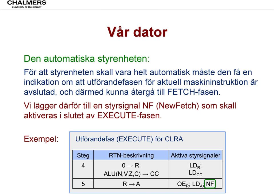 Vi lägger därför till en styrsignal NF (NewFetch) som skall aktiveras i slutet av EXECUTE-fasen.