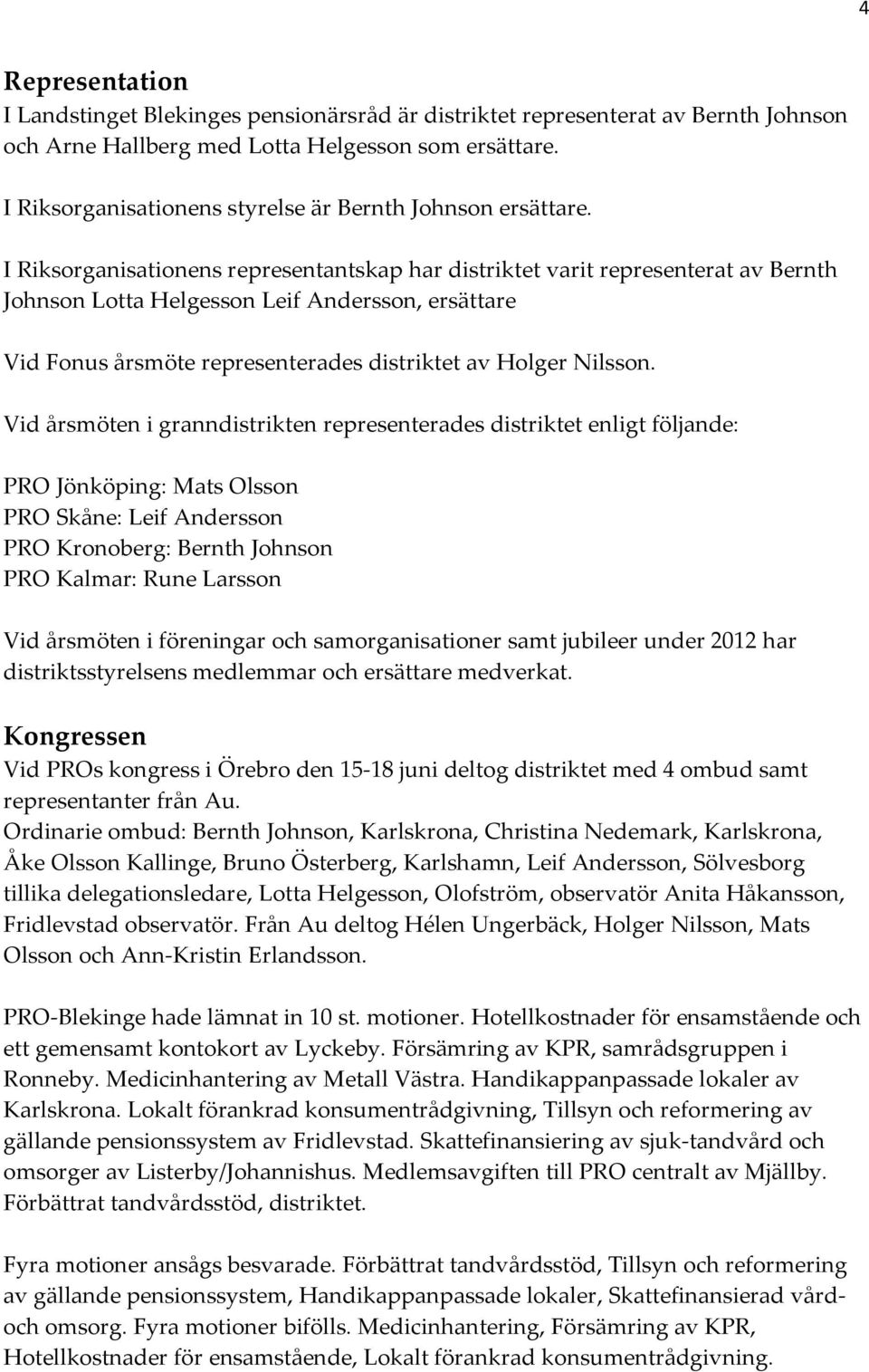 I Riksorganisationens representantskap har distriktet varit representerat av Bernth Johnson Lotta Helgesson Leif Andersson, ersättare Vid Fonus årsmöte representerades distriktet av Holger Nilsson.