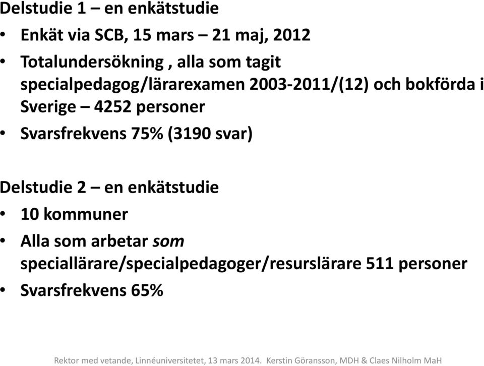 personer Svarsfrekvens 75% (3190 svar) Delstudie 2 en enkätstudie 10 kommuner Alla