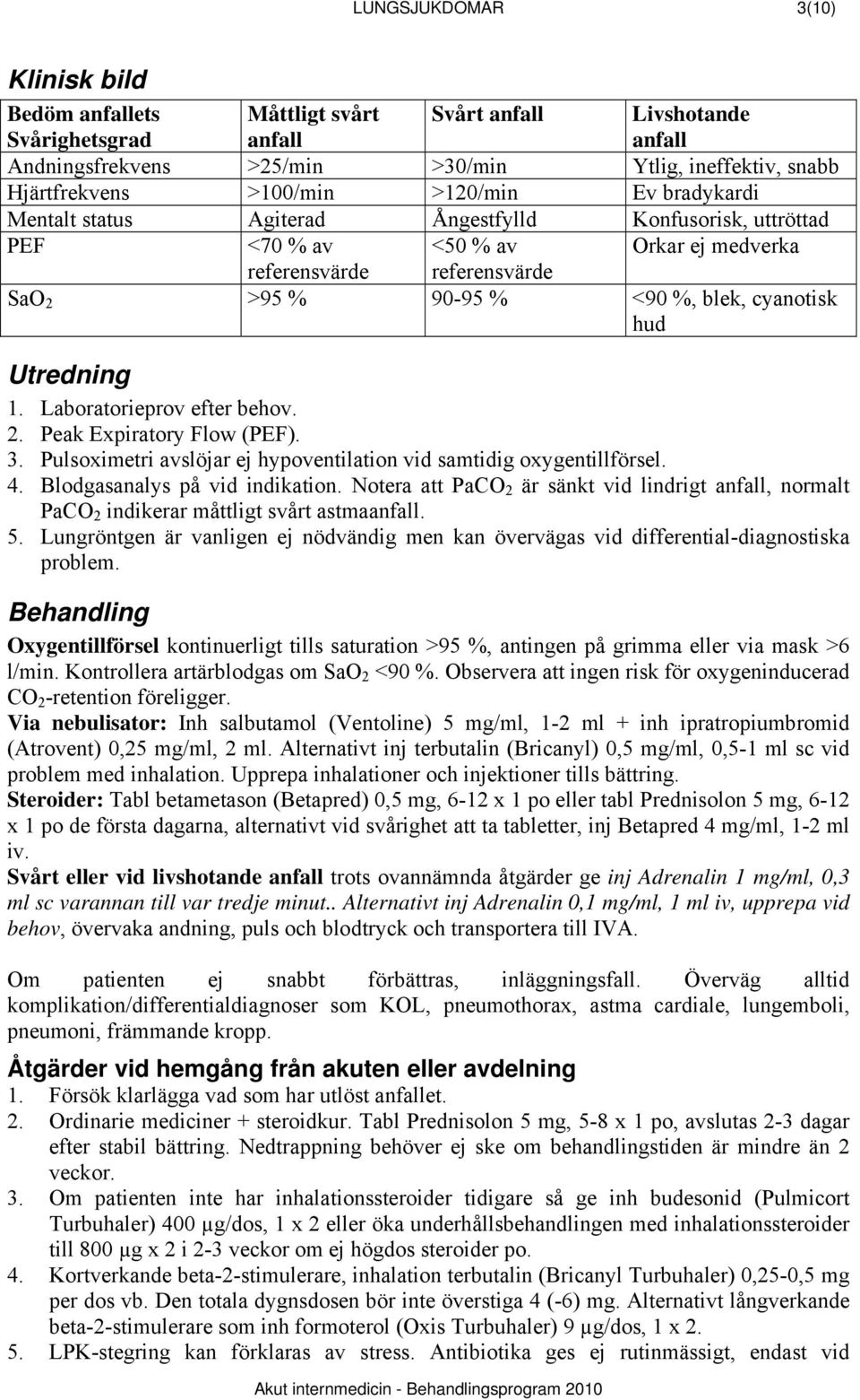 Laboratorieprov efter behov. 2. Peak Expiratory Flow (PEF). 3. Pulsoximetri avslöjar ej hypoventilation vid samtidig oxygentillförsel. 4. Blodgasanalys på vid indikation.