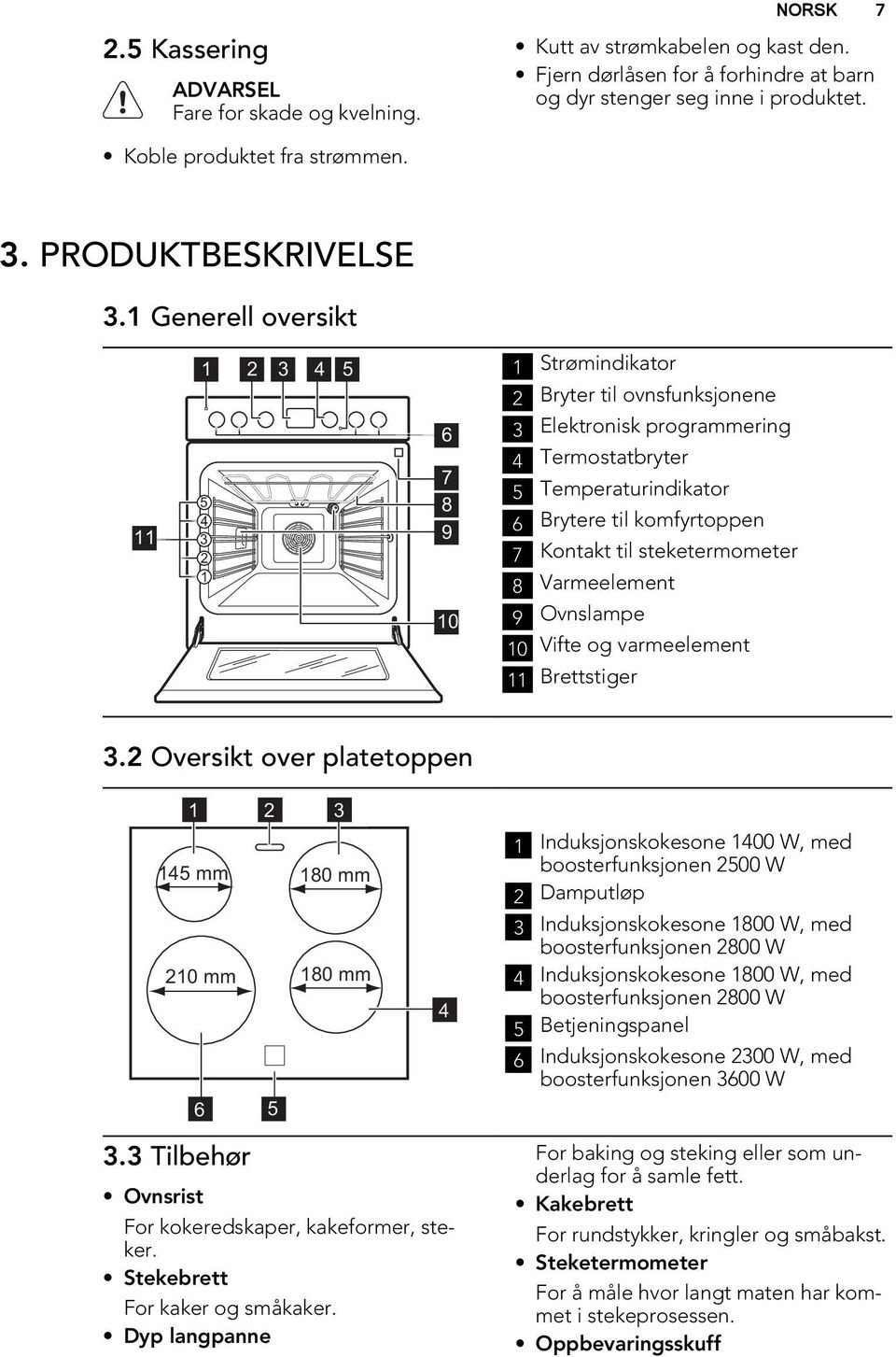 1 Generell oversikt 11 1 5 4 3 2 1 2 3 4 5 6 7 8 9 10 1 Strømindikator 2 Bryter til ovnsfunksjonene 3 Elektronisk programmering 4 Termostatbryter 5 Temperaturindikator 6 Brytere til komfyrtoppen 7