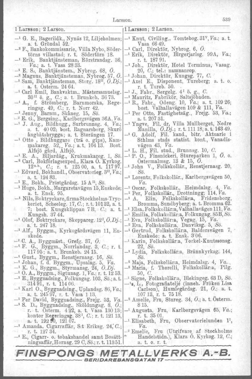 Va.; a. t. Vasa 2833.. -' Joh., Direktör, Hotel 'I'erminus, Vas ag. -' E. S" Banktjänstern., Nybrog. 68, O.. 20, G.; tel.: namnanrop. _2 Magnus, Banktjänsteman, Nybrog. 57, O.