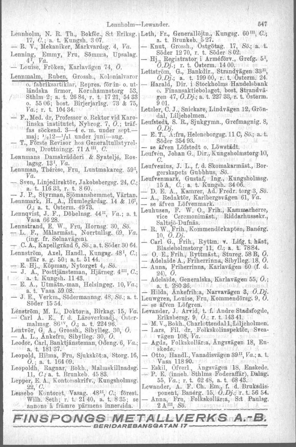 ; r. t. Österm. 1400: ",. Lettström, G., Bankdir., Strandvägenc33 11, Lennmalm Ruben, Grossh., Kolonialvaror O.Dj.; a. t. 19900, r. t. Österm. 24., o. fatriksartiklar, Repres. för in- o.