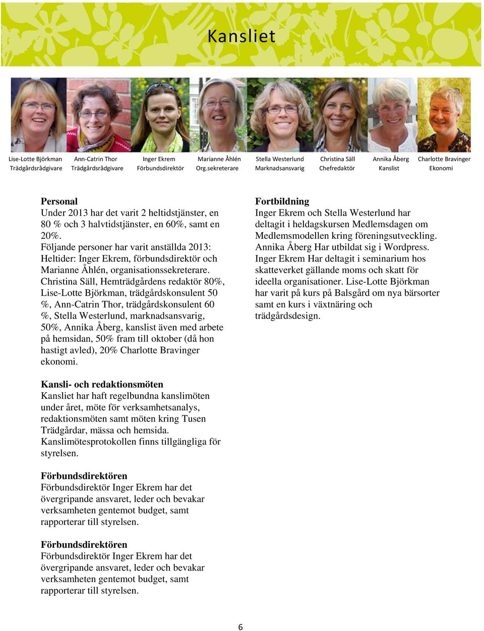 Följande personer har varit anställda 2013: Heltider: Inger Ekrem, förbundsdirektör och Marianne Åhlén, organisationssekreterare.