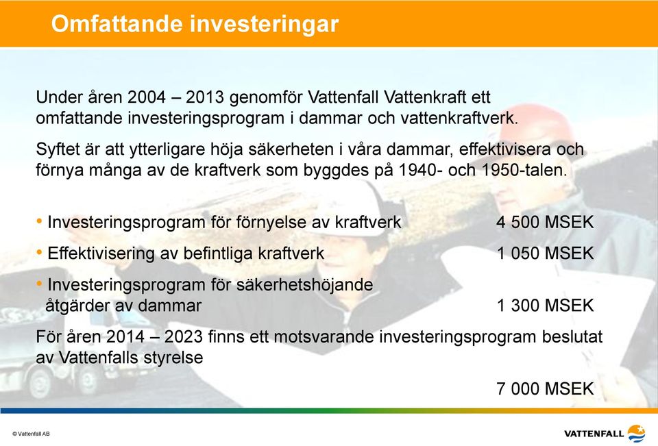 Investeringsprogram för förnyelse av kraftverk Effektivisering av befintliga kraftverk Investeringsprogram för säkerhetshöjande åtgärder av