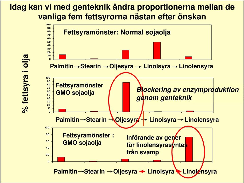 Fettsyramönster GMO sojaolja Blockering av enzymproduktion genom genteknik Palmitin Stearin Oljesyra Linolsyra Linolensyra 10 0 80 60