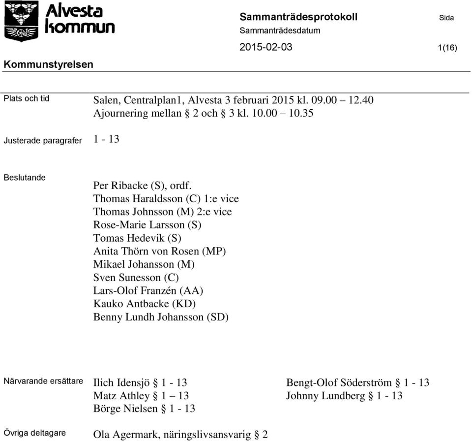 Thomas Haraldsson (C) 1:e vice Thomas Johnsson (M) 2:e vice Rose-Marie Larsson (S) Tomas Hedevik (S) Anita Thörn von Rosen (MP) Mikael Johansson (M) Sven