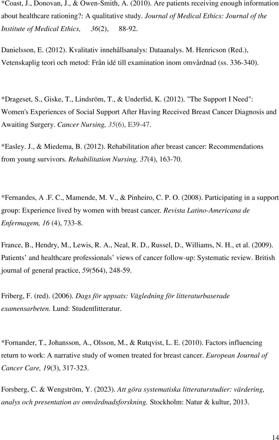 ), Vetenskaplig teori och metod: Från idé till examination inom omvårdnad (ss. 336-340). *Drageset, S., Giske, T., Lindsröm, T., & Underlid, K. (2012).