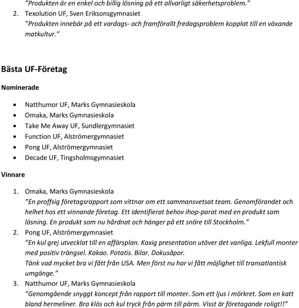 Bästa UF-Företag Natthumor UF, Marks Gymnasieskola Omaka, Marks Gymnasieskola Take Me Away UF, Sundlergymnasiet Function UF, Alströmergymnasiet Pong UF, Alströmergymnasiet Decade UF,