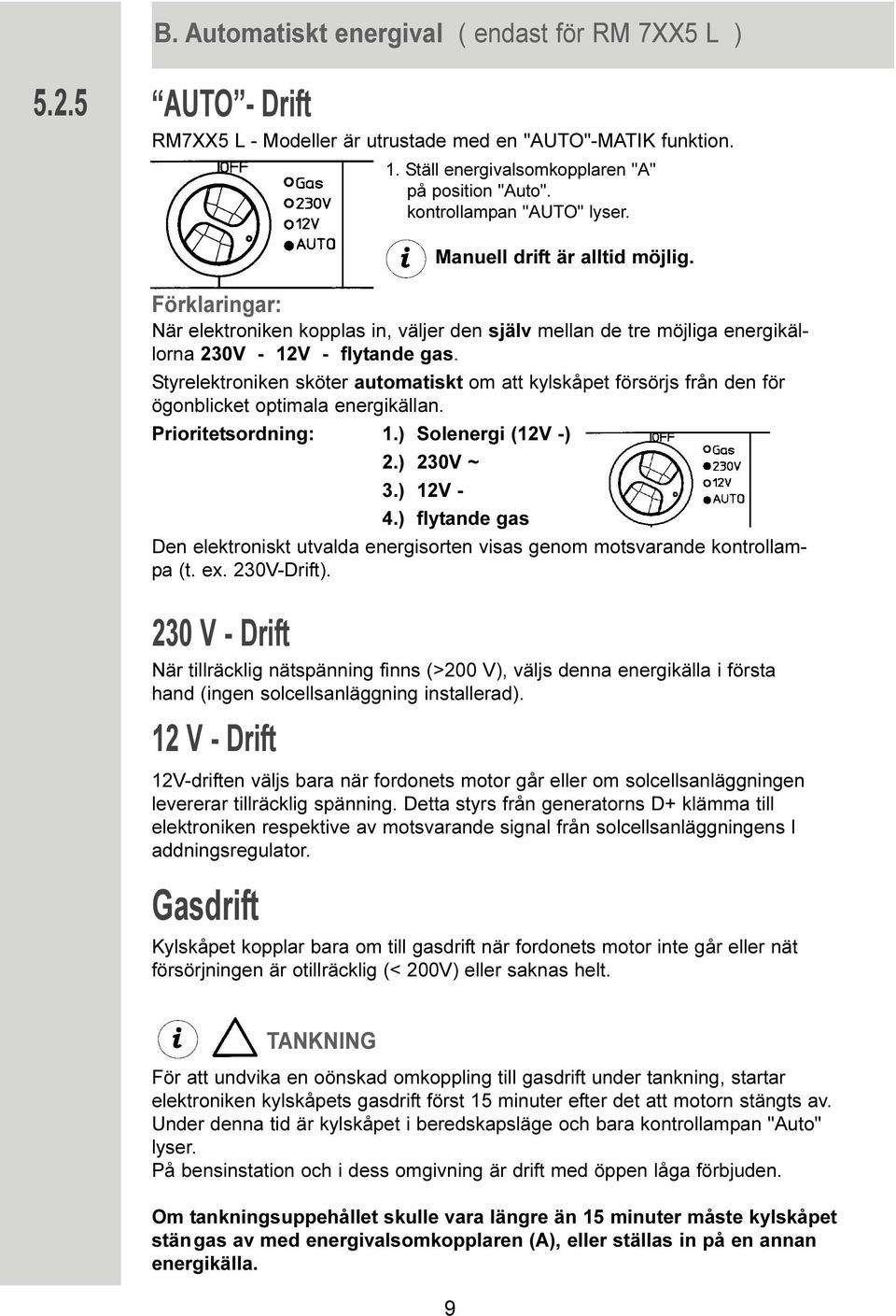 Styrelektroniken sköter automatiskt om att kylskåpet försörjs från den för ögonblicket optimala energikällan. Prioritetsordning: 1.) Solenergi (12V -) 2.) 230V ~ 3.) 12V - 4.