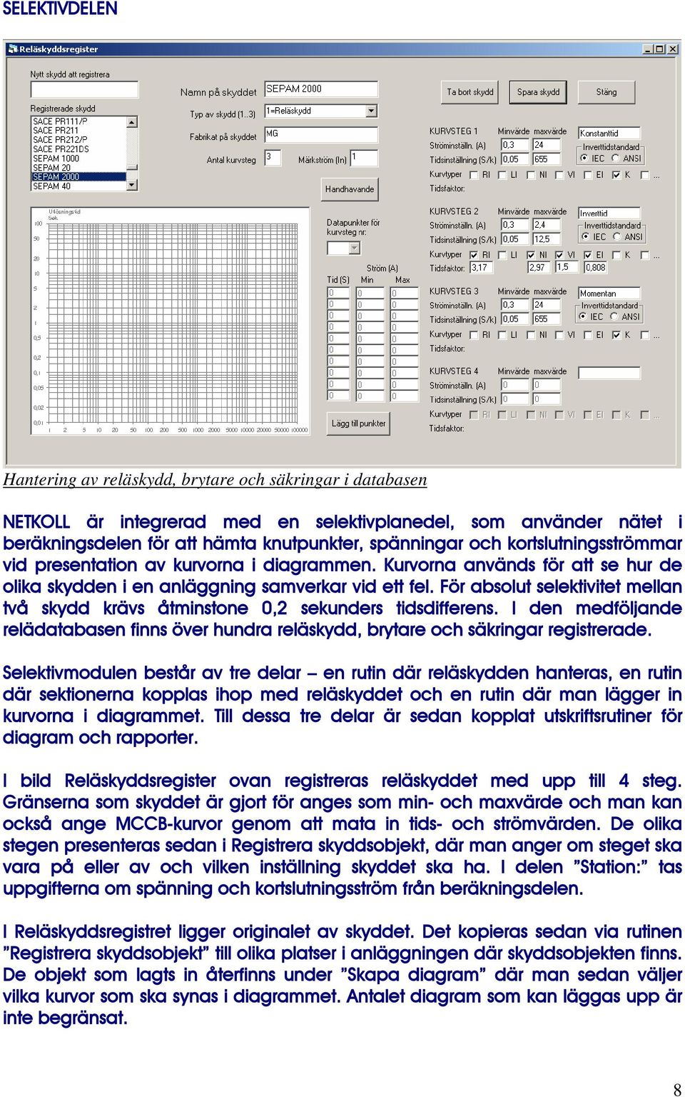 För absolut selektivitet mellan två skydd krävs åtminstone 0,2 sekunders tidsdifferens. I den medföljande relädatabasen finns över hundra reläskydd, brytare och säkringar registrerade.