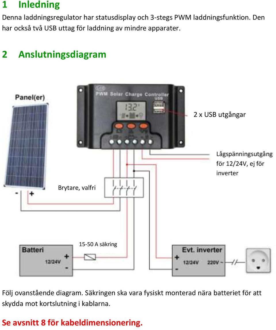 2 Anslutningsdiagram 2 x USB utgångar Brytare, valfri Lågspänningsutgång för 12/24V, ej för inverter 15-50