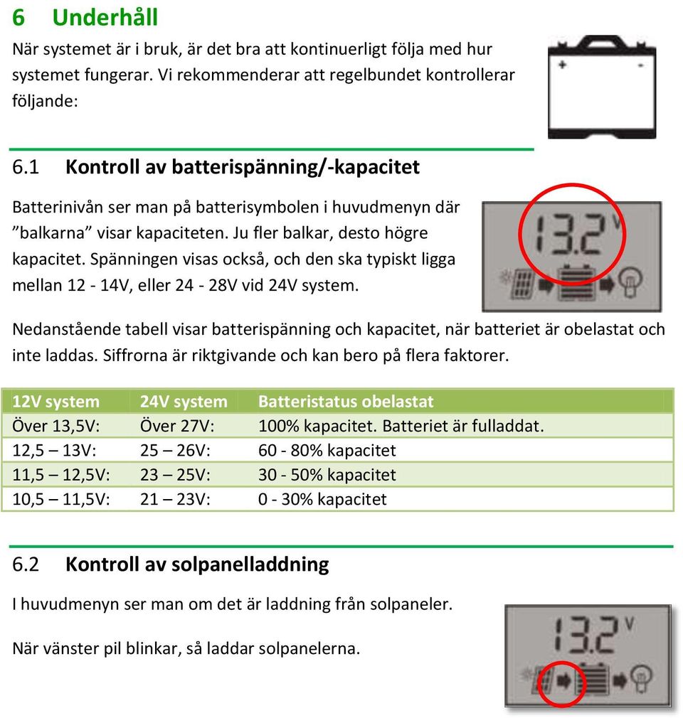 Spänningen visas också, och den ska typiskt ligga mellan 12-14V, eller 24-28V vid 24V system. Nedanstående tabell visar batterispänning och kapacitet, när batteriet är obelastat och inte laddas.