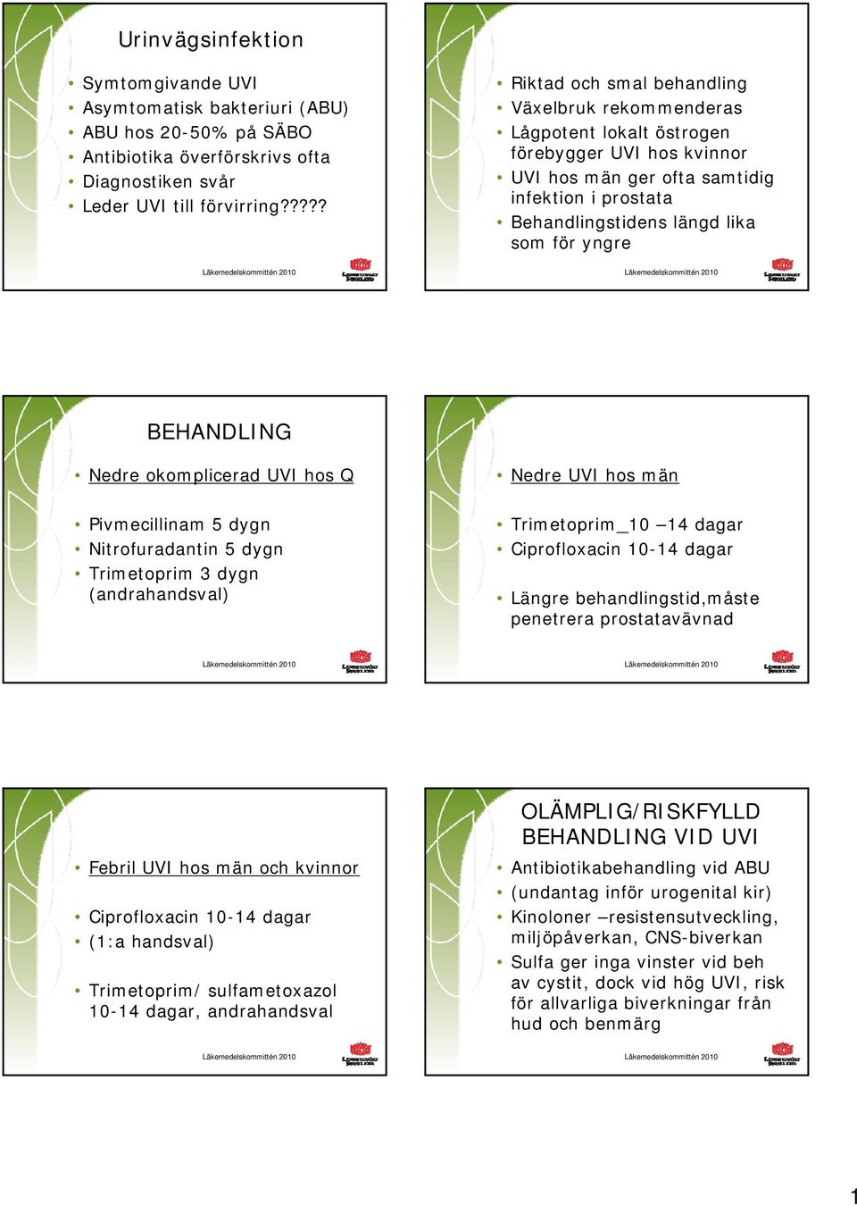 yngre BEHANDLING Nedre okomplicerad UVI hos Q Pivmecillinam 5 dygn Nitrofuradantin 5 dygn Trimetoprim 3 dygn (andrahandsval) Nedre UVI hos män Trimetoprim 10 14 dagar Ciprofloxacin 10-14 dagar Längre