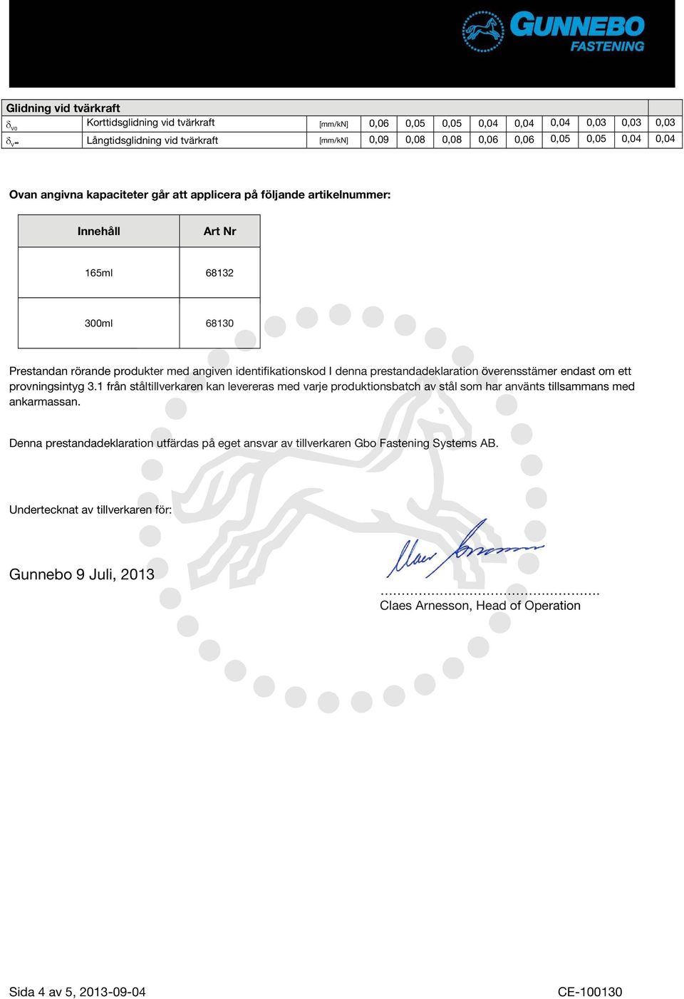 prestandadeklaration överensstämer endast om ett provningsintyg 3.1 från ståltillverkaren kan levereras med varje produktionsbatch av stål som har använts tillsammans med ankarmassan.