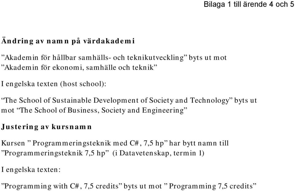 The School of Business, Society and Engineering Justering av kursnamn Kursen Programmeringsteknik med C#, 7,5 hp har bytt namn till