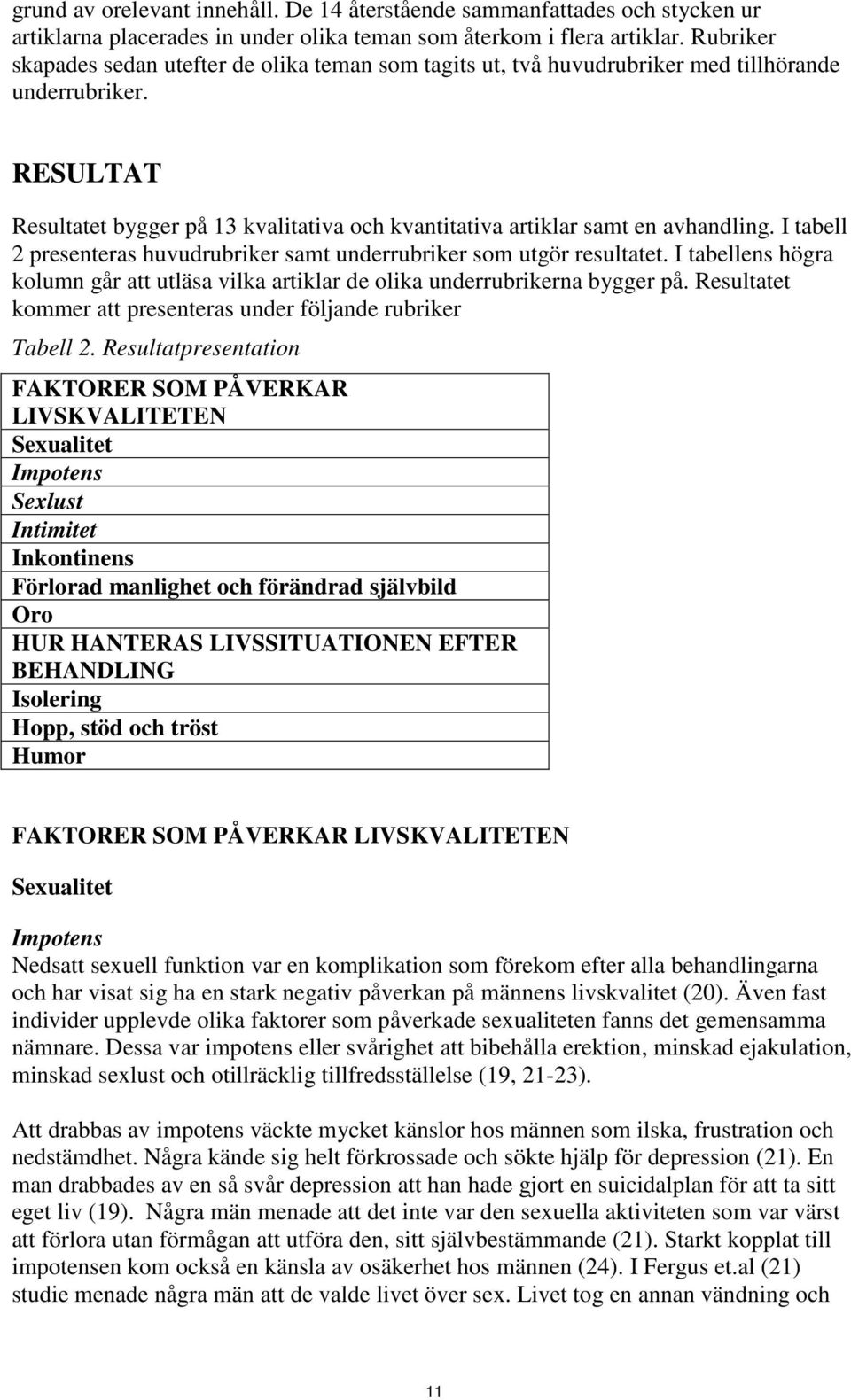 RESULTAT Resultatet bygger på 13 kvalitativa och kvantitativa artiklar samt en avhandling. I tabell 2 presenteras huvudrubriker samt underrubriker som utgör resultatet.
