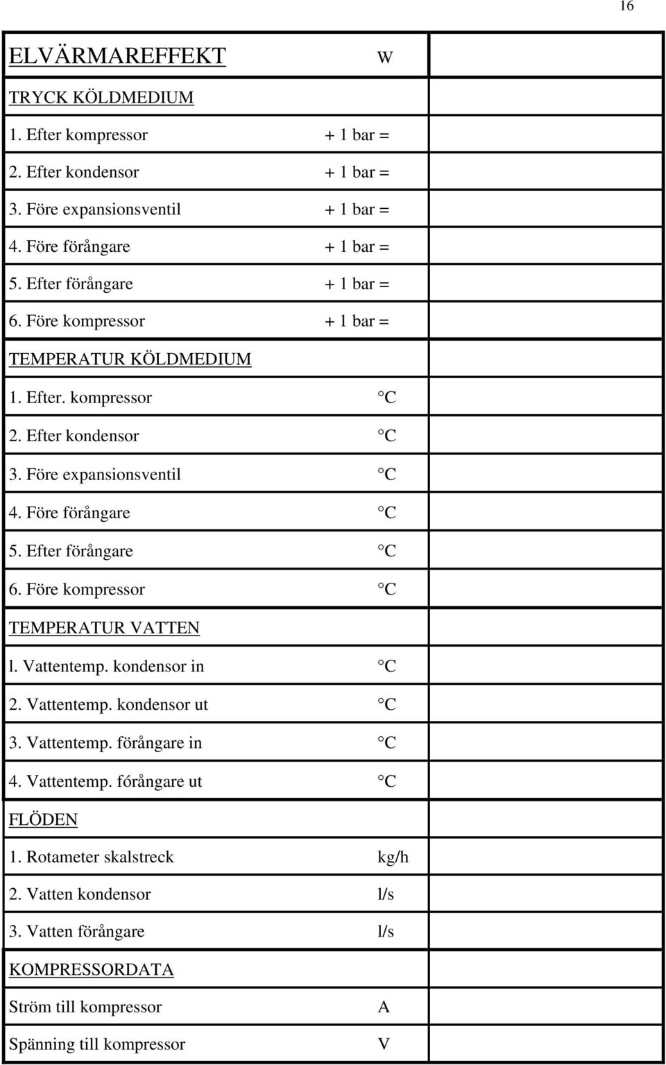 Före förångare C 5. Efter förångare C 6. Före kompressor C TEMPERATUR VATTEN l. Vattentemp. kondensor in C 2. Vattentemp. kondensor ut C 3. Vattentemp. förångare in C 4.