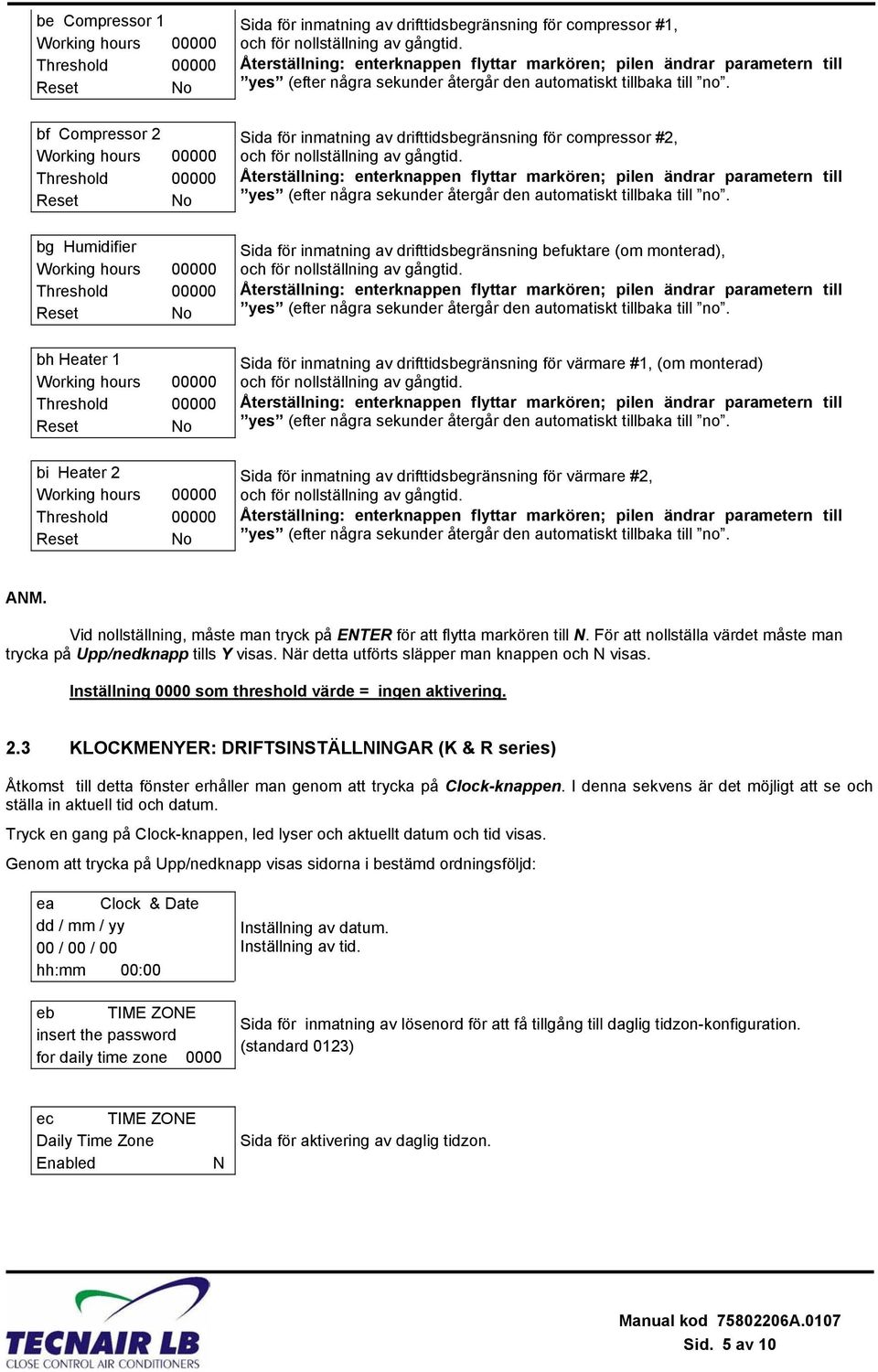 bg Sida för inmatning av drifttidsbegränsning befuktare (om monterad), och för nollställning av gångtid.