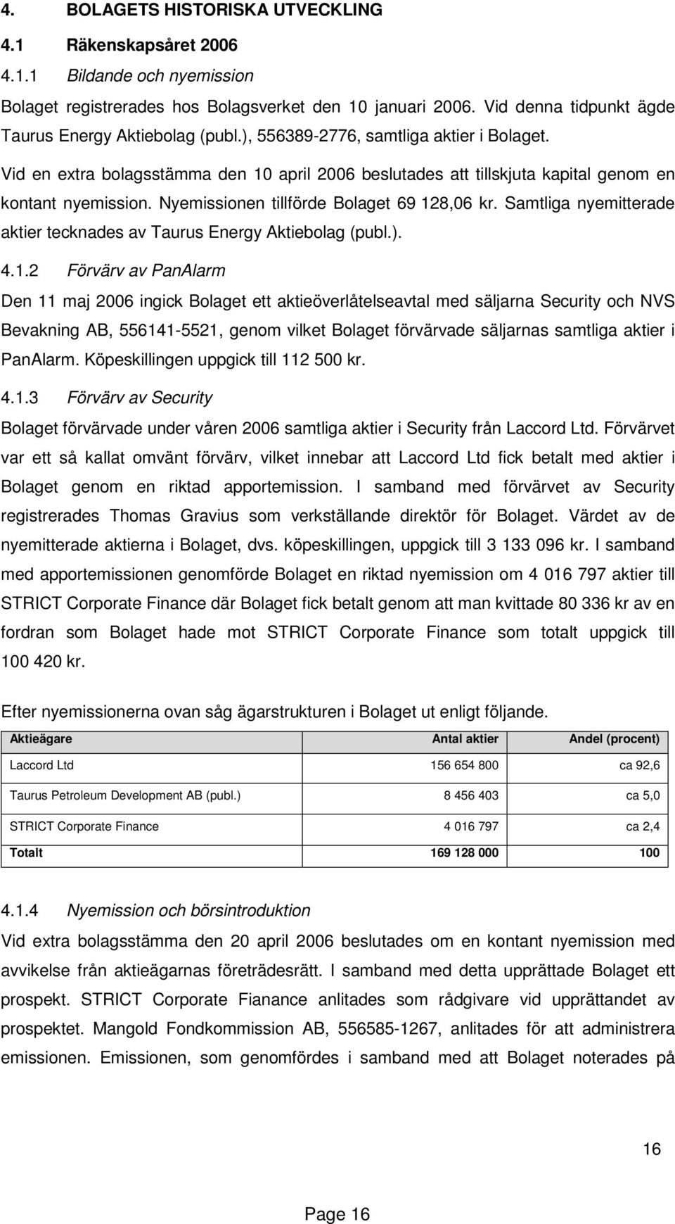 Vid en extra bolagsstämma den 10 april 2006 beslutades att tillskjuta kapital genom en kontant nyemission. Nyemissionen tillförde Bolaget 69 128,06 kr.