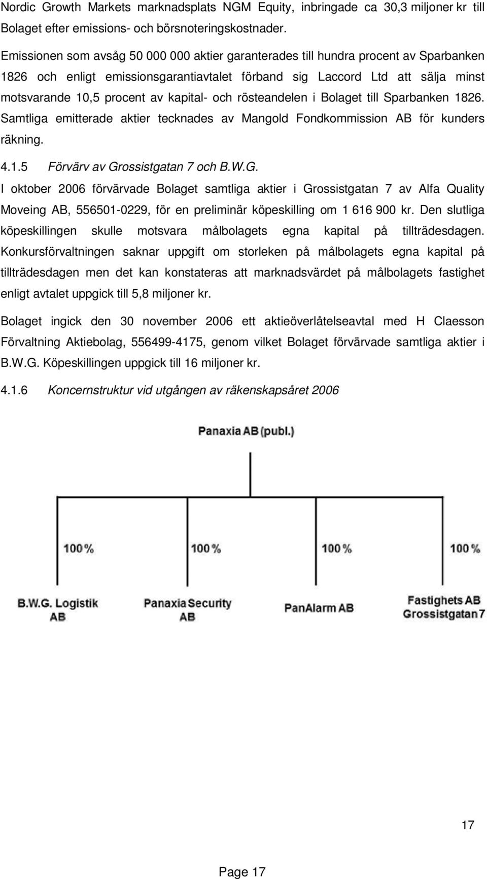 kapital- och rösteandelen i Bolaget till Sparbanken 1826. Samtliga emitterade aktier tecknades av Mangold Fondkommission AB för kunders räkning. 4.1.5 Förvärv av Gr