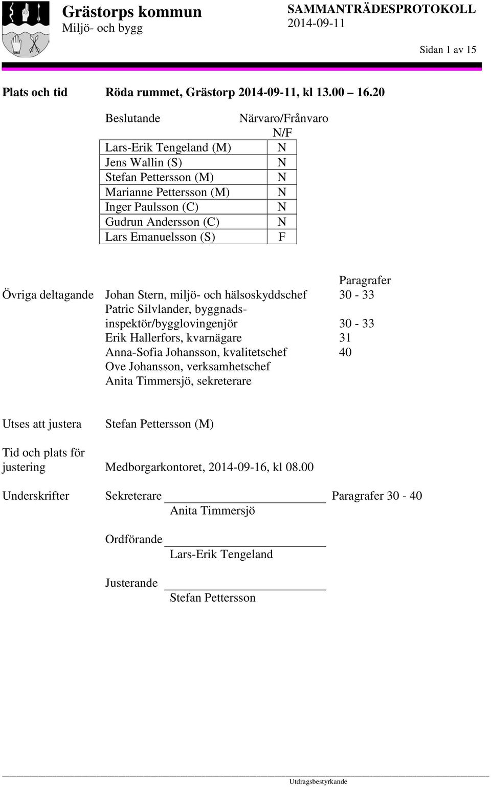 N N N F Övriga deltagande Johan Stern, miljö- och hälsoskyddschef Patric Silvlander, byggnadsinspektör/bygglovingenjör Erik Hallerfors, kvarnägare Anna-Sofia Johansson, kvalitetschef Ove