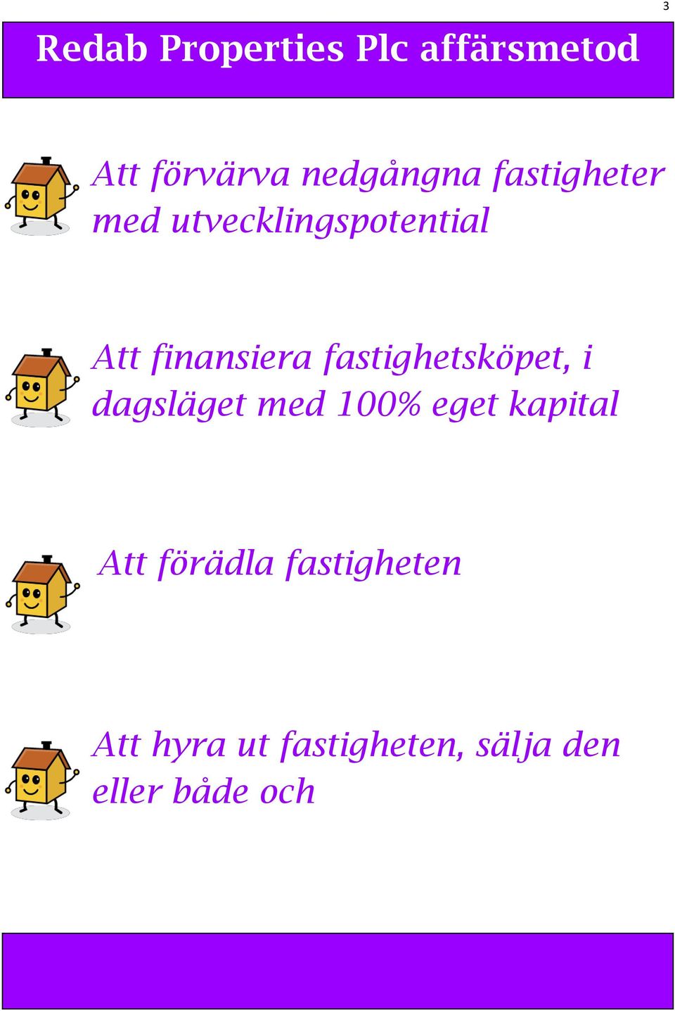 fastighetsköpet, i dagsläget med 100% eget kapital Att