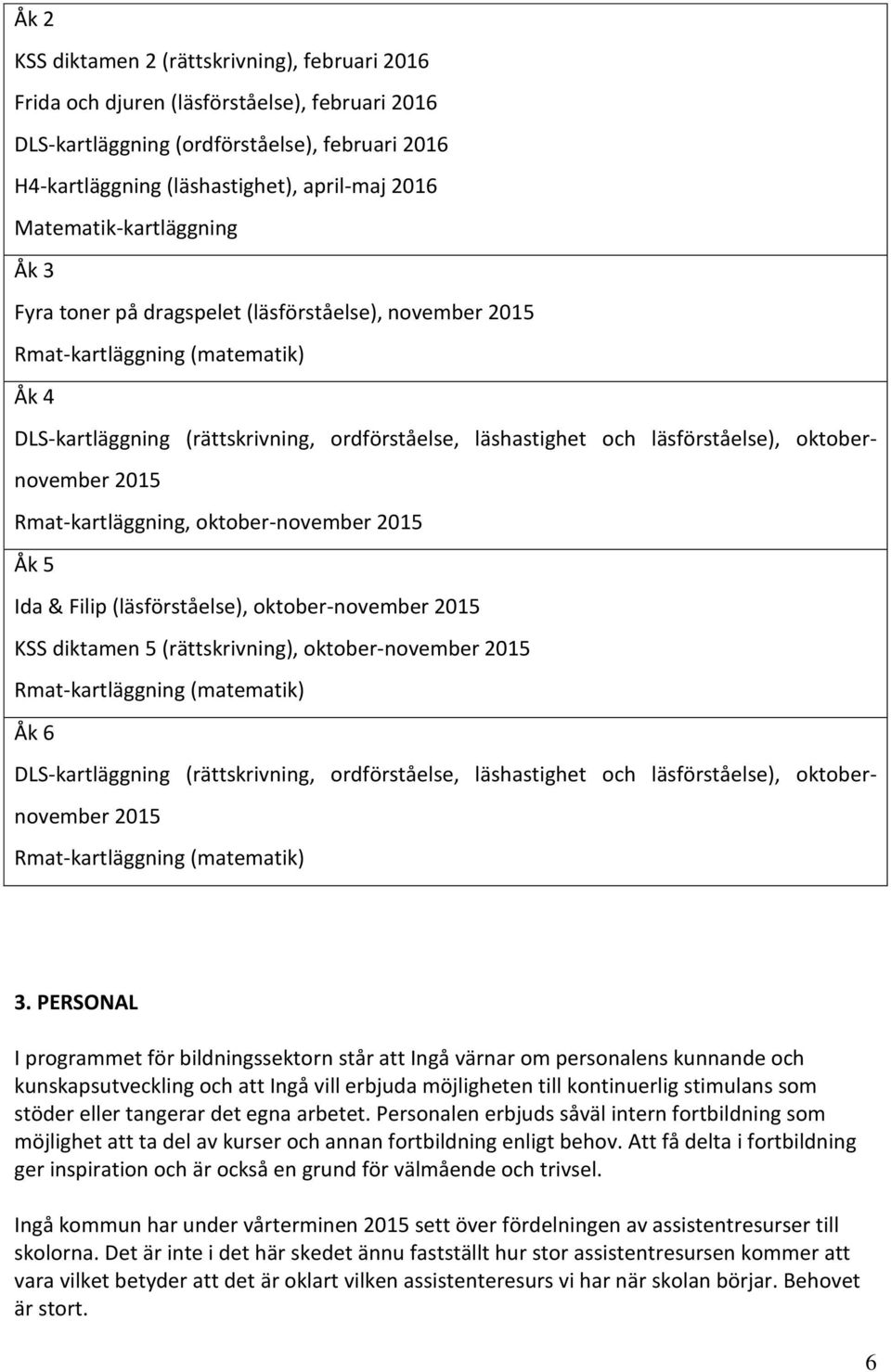 oktobernovember 2015 Rmat-kartläggning, oktober-november 2015 Åk 5 Ida & Filip (läsförståelse), oktober-november 2015 KSS diktamen 5 (rättskrivning), oktober-november 2015 Rmat-kartläggning